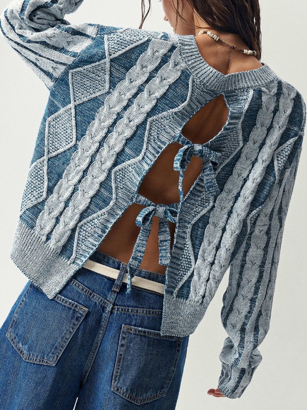Blue Casual Women's Argyle Cable Knit Lazy Long Sleeve Sweater - Picture 2 of 6